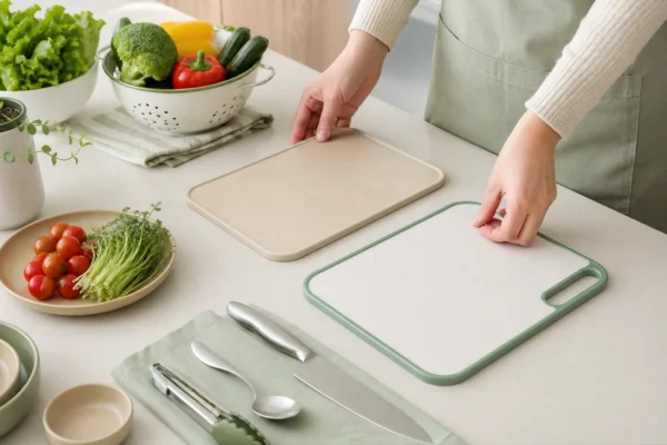Preparación de alimentos con utensilios separados sobre una superficie limpia