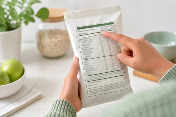 Persona revisando la información nutricional de un envase
