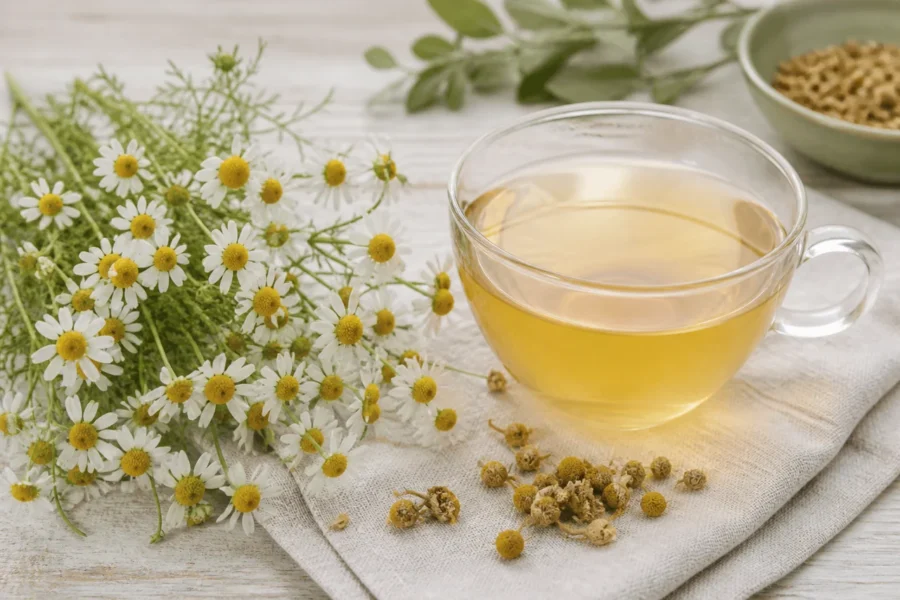 Flores de manzanilla junto a una taza de infusión